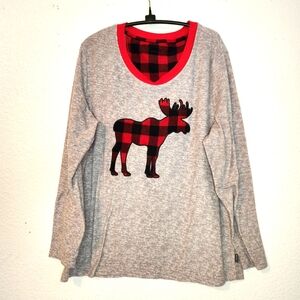 Eddie‎ Bauer Gray Long Sleeve Lounge Top with Red Plaid Moose, L